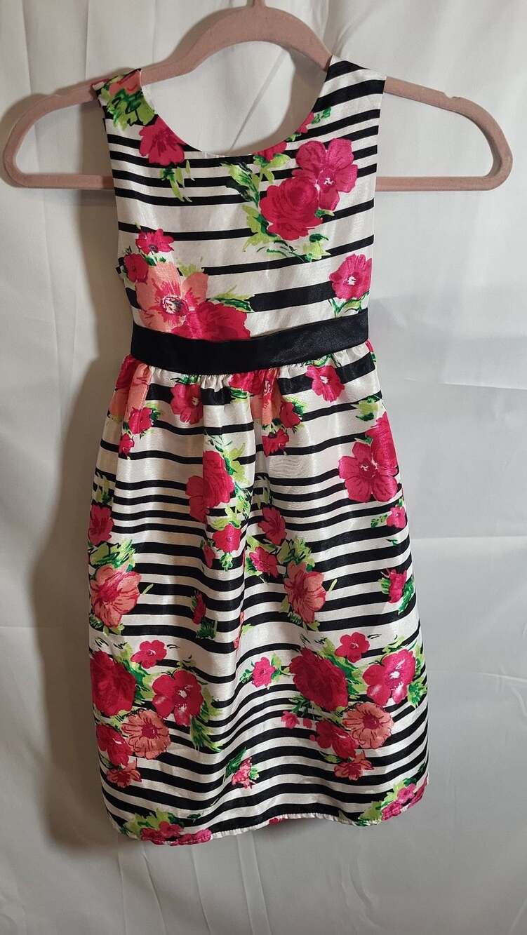Cherokee Girls Size 8 Black and White Striped Pink Floral Sleeveless Party Dress